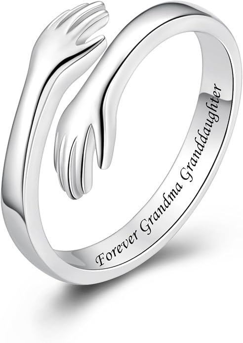 S925 Sterling Silver Hug Rings for Women Teen Girls Adjustable Ring for Granddaughter Daughter Hope Promise Friendship Hand Ring Jewelry for Birthday Graduation Christmas Mothers Day Valentines Gifts