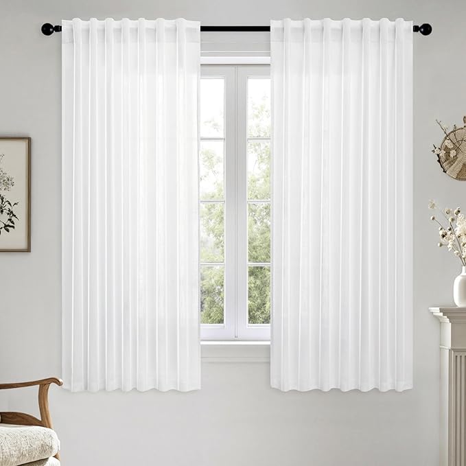 MIULEE White Linen Curtains Short 60 Inch Length 2 Panels for Kitchen Bedroom, Soft Thick Linen Textured Window Drapes Semi Sheer Light Filtering Back Tab Rod Pocket Burlap Look Decor