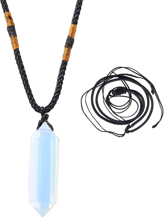 Runyangshi Opal Healing Crystal Pendants, Double Pointed Crystal Quartz Necklace 6 Faceted Chakra Crystal Wand Stone