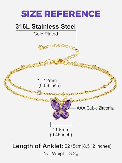 Richsteel Double Layer Heart/Butterfly Birthstone Anklet for Women Non Tarnish Waterproof, Silver/Gold/Black Stainless Steel 8.5-10.5 Inch Adjustable Chain Anklets Jewelry Gifts for Her