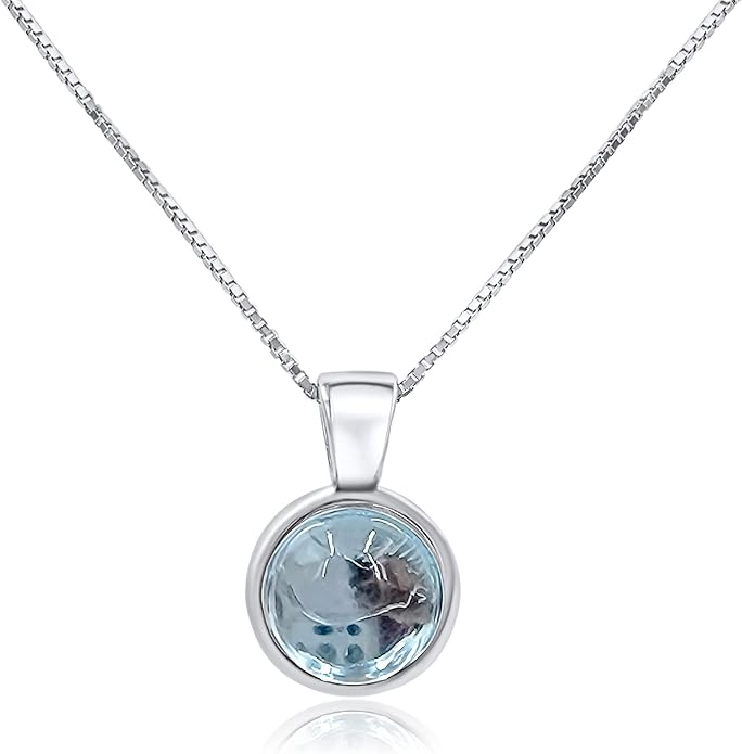 Natural gemstone 8mm round pendant with white gold over 925 sterling silver bezel cabochon plate and box chain, real genuine dainty birthstone gift for her, uniquelan jewelry