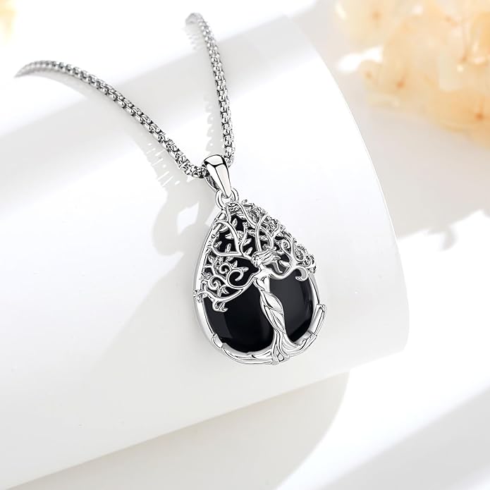 AEONSLOVE Tree of Life Necklace with Crystal for Women, Amethyst/Obsidian/Turquoise/Moonstone/Malachite Crystal Pendant Necklaces for Ladies