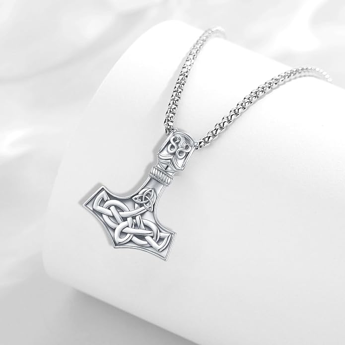 Thor Hammer Necklace for Women Men, S925 Sterling Silver Viking Mjolnir Necklace Pendant with Corlorful Opal Norse Runes Amulet Jewelry Gift