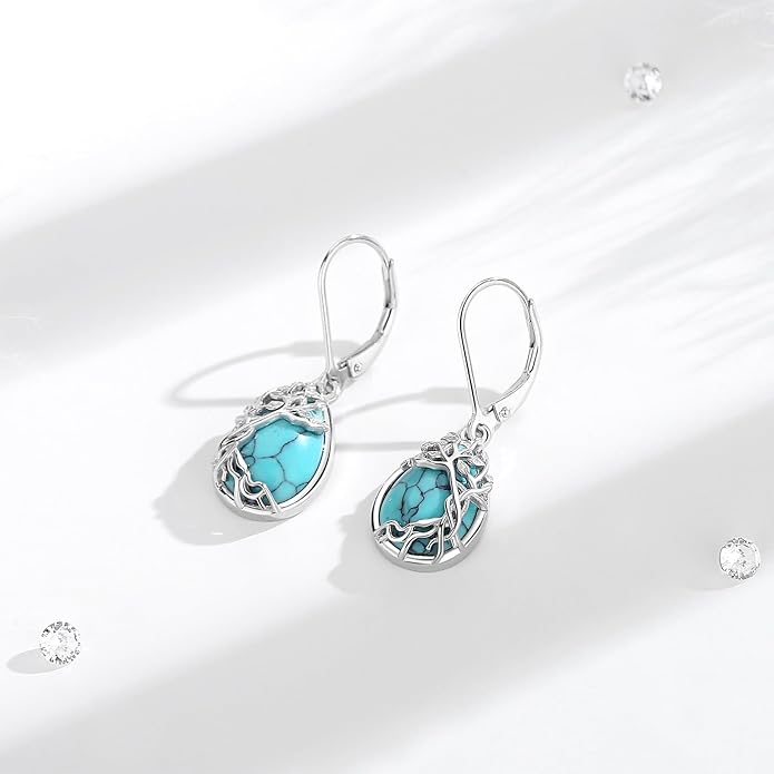Vito 925 Sterling Silver Teardrop Earrings for Women, Moonstone Turquoise Drop Dangle Earrings Cat Snake Turtle Tree of Life Leverback Earrings Boho Jewelry Gift for Mom Wife