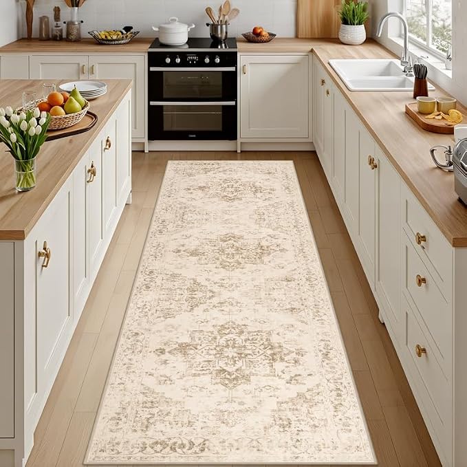 2'6''x8' Hallway Washable Runner Rug: Vintage Boho Neutral Kitchen Rug Soft Small Area Rug Indoor Floor Non-Slip Low Pile Carpet for Farmhouse Entryway Laundry Bathroom Bedroom Beside Rugs Beige/Ivory