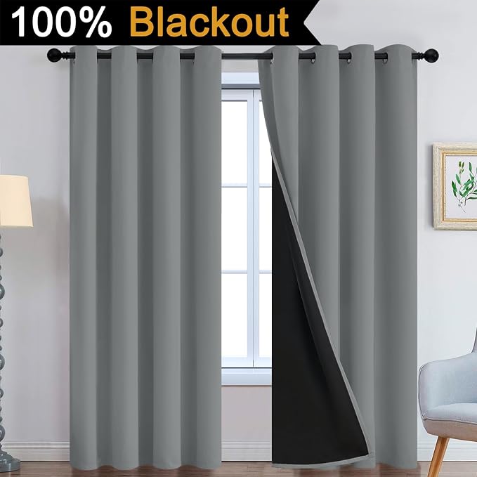 Yakamok Dove Grey 100% Blackout Curtains 96 Inches Long 52" Wide 2 Panel | Blackout Curtain Panels for Bedroom, 2 Thick Layers Grommet Top Thermal Insulated Drapes with Black Liner for Living Room