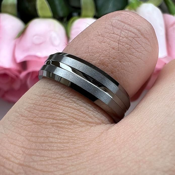 TUTISS 6mm 8mm Silver/Black/Blue/Gunmetal/Gold/Rose Gold Tungsten Rings for Men Women Fashion Engagement Wedding Bands Matte Finish Beveled Edges Comfort Fit
