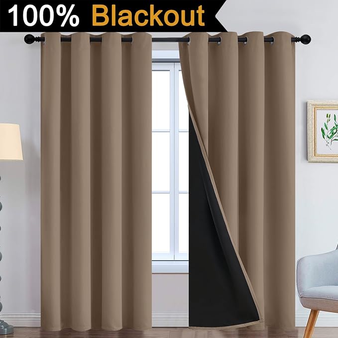 Yakamok Khaki Blackout Curtains 84 Inches Long for Bedroom 52" Wide 2 Panel | Blackout Curtain Panels for Bedroom, 2 Thick Layers Grommet Top Thermal Insulated Drapes with Black Liner for Living Room