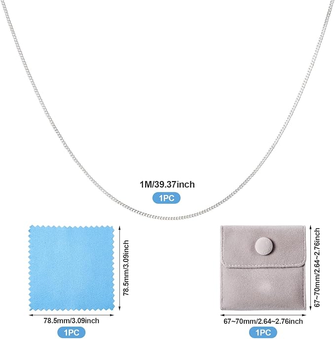 1M 925 Sterling Silver Cuban Chains Unwelded Jewelry Curb Chains 1mm Diamond Cut Cuban Link Curb Chain for Permanent Choker Necklace Jewelry Making with Polishing Cloth & Velvet Bags
