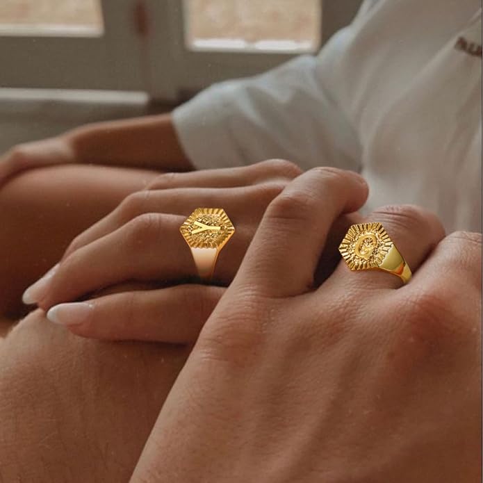 KeyStyle Bold Initial Letter Rings Adjustable, GoldChic Jewelry Women Gold Statement Ring Personalized Engraved Women’s Open Signet Ring for Party (Gold, White Gold, Black)