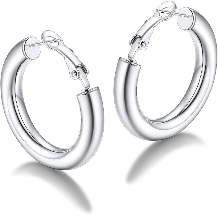 FaithHeart Chunky Hoop Earrings for Women, Silver/Black/14K Gold Plated Stainless Steel Earrings 5mm Thick Hollow Tube Hoops Hypoallergenic Lightweight Earring 20/30/40/50/60/70/80mm