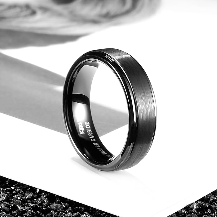 King Will Classic Tungsten Wedding Band for Men, 6/7/8/9/10mm Widths, Polished Finish Step Edge Matte Rings Comfort Fit