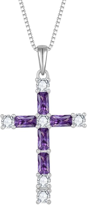 Birthstone Cross Necklace for Women 925 Sterling Silver Christian Religious Crucifix Pendant Rectangular Cut Birthstone Jewelry Gifts for Her
