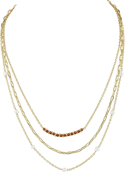 Beads With Pearl 3 Layered Necklaces for Women 14k Gold Plated Dainty Stackable Choker Necklaces for Women Trendy Layering, Cuban Link, Paperclip Chain, For Women Gifts