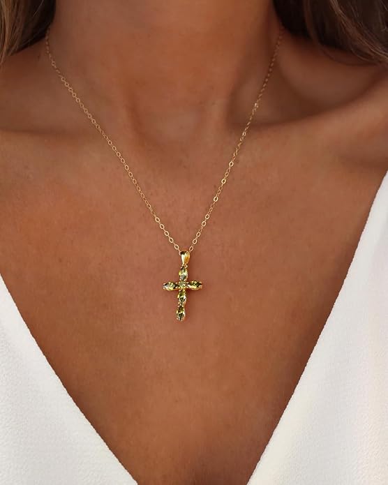 14K Gold Plated 925 Sterling Silver Birthstone Cross Necklace for Women Men