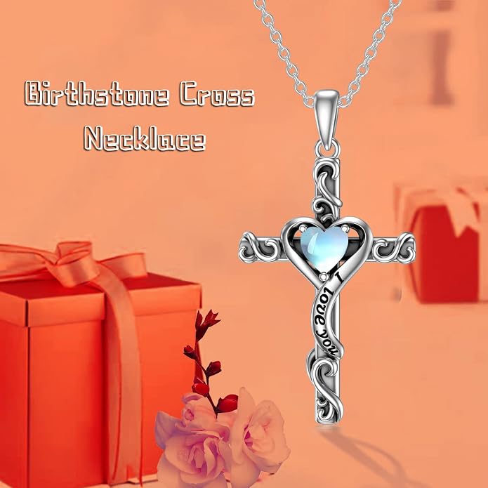 TOUPOP Cross Birthstone Necklace for Women 925 Sterling Silver Heart Cross Pendant I Love You Jewelry Anniversary Birthday Mothers Day Gifts for Mom Wife Her