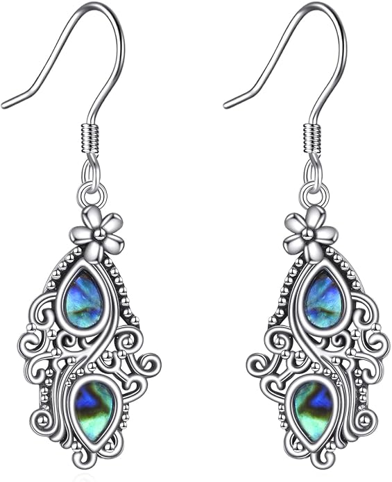 Abalone Shell Dangle Drop Earrings for Women 925 Sterling Silver Filigree Bohemian Earrings Jewelry Gift