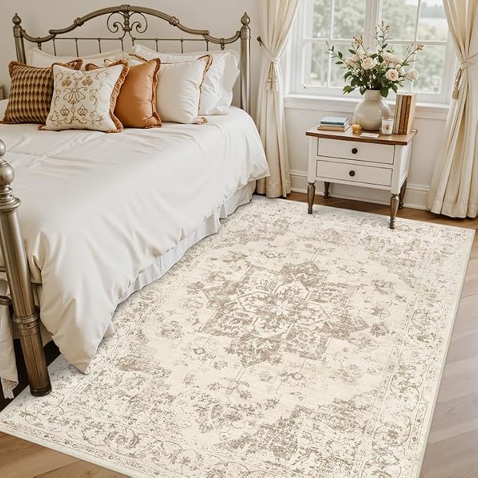 3x5 Area Rugs for Living Room: Vintage Boho Neutral Washable Rug Indoor Soft Large Area Rug Carpet for Bedroom Nursery Farmhouse Dining Room Office Floor Non-Slip Low Pile Under Table Rug Beige/Ivory