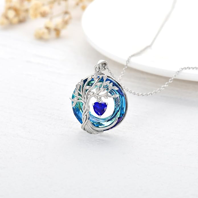 TOUPOP Tree of Life Birthstone Necklaces 925 Sterling Silver Irish Celtic Tree Pendant with Blue Crystal Birthday Jewelry Gifts for Women Mom Wife Her