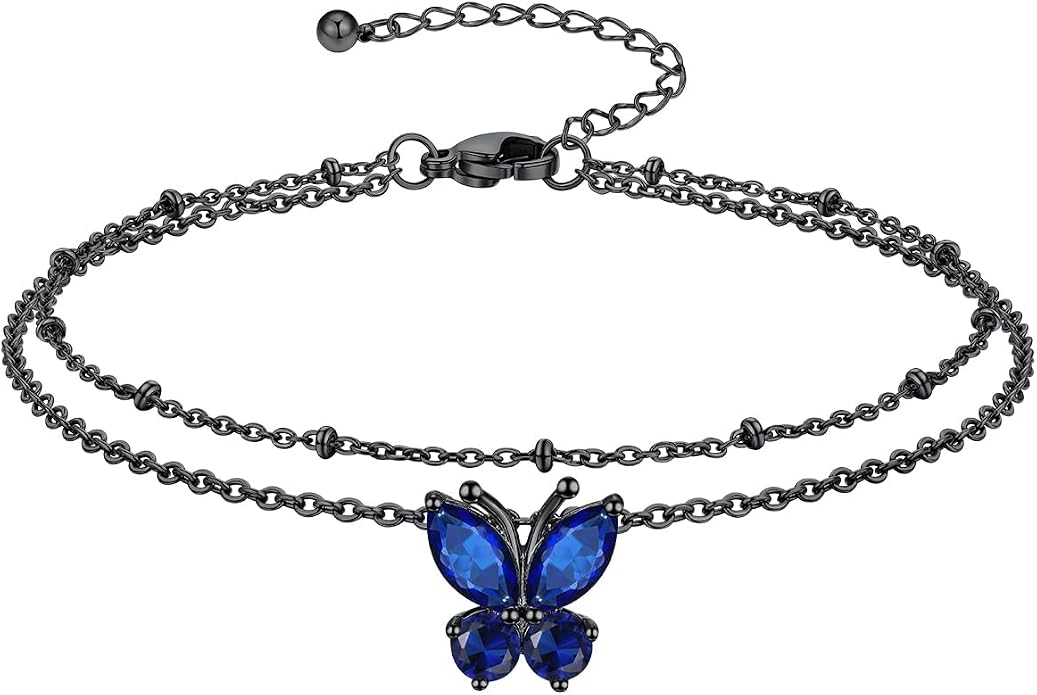 Richsteel Double Layer Heart/Butterfly Birthstone Anklet for Women Non Tarnish Waterproof, Silver/Gold/Black Stainless Steel 8.5-10.5 Inch Adjustable Chain Anklets Jewelry Gifts for Her