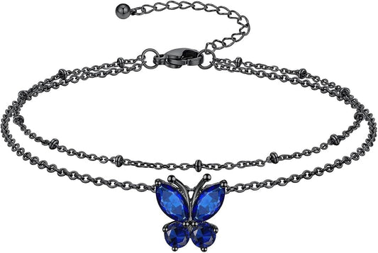 Richsteel Double Layer Heart/Butterfly Birthstone Anklet for Women Non Tarnish Waterproof, Silver/Gold/Black Stainless Steel 8.5-10.5 Inch Adjustable Chain Anklets Jewelry Gifts for Her