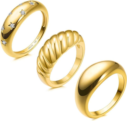 JINEAR 18k Gold Filled Chunky Rings for Women Croissant Dome Statement Ring Trendy Twisted Braided Band Stacking Star Rings Jewelry Gifts