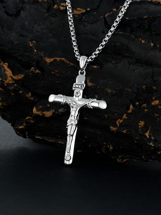 KXJ S925 Sterling Silver Black Cross/Best Dad/Baseball Bat/Silver Cross/Ankh Cross/Crucifix with 22+2 Inches Stainless Steel Rolo Chain Cross Necklace for Men Women Christian Religious Jewelry Gifts