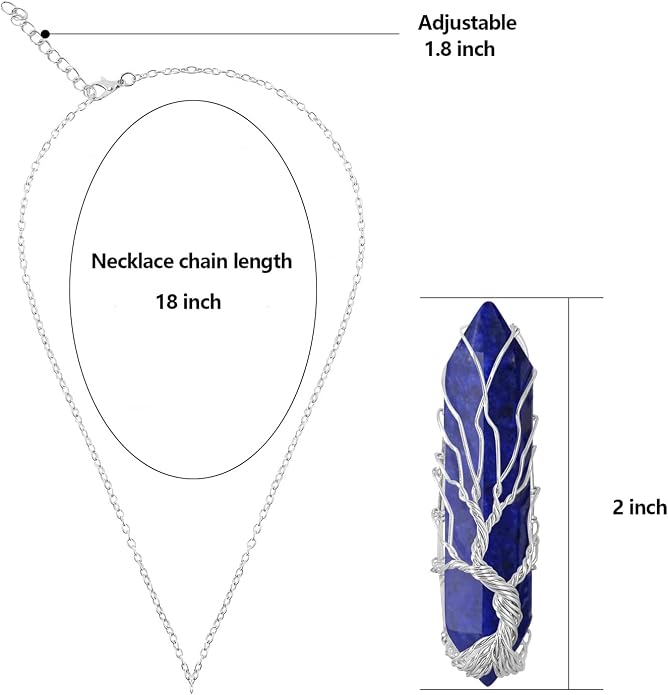 VIBILIA Healing Crystal Necklace Tree of Life Wire Wrapped Natural Stone Point Pendant Necklace Hexagonal Reiki Spiritual Quartz Gemstone Jewelry for Women Men