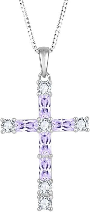 Birthstone Cross Necklace for Women 925 Sterling Silver Christian Religious Crucifix Pendant Rectangular Cut Birthstone Jewelry Gifts for Her