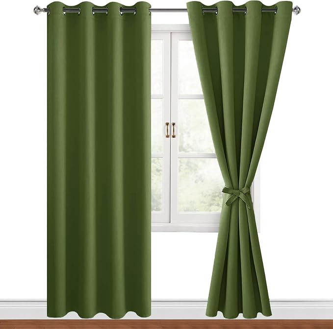 Hiasan Blackout Curtains for Bedroom, 52 x 84 Inches Long - Thermal Insulated & Energy Saving Window Curtains for Living Room, 2 Drape Panels Sewn with Tiebacks, Olive Green