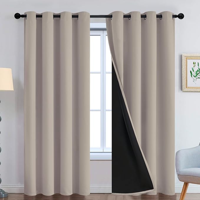 Yakamok Natural Blackout Curtains 90 Inches Long for Bedroom 52" Wide 2 PCS | Blackout Curtain Panels for Bedroom, 2 Thick Layers Grommet Top Thermal Insulated Drapes with Black Liner for Living Room