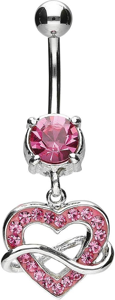 PIERCINGLINE surgical steel dangle belly button piercing with heart and infinity pendant - belly button ring surgical steel, piercing - new version with improved durability