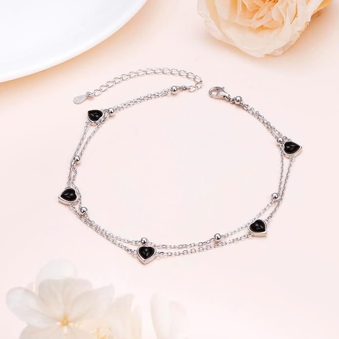 Flyow Anklet for Women S925 Sterling Silver Adjustable Foot Beaded Heart Charm Ankle Bracelet Anklets Jewelry
