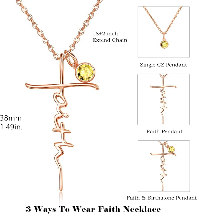 PRAYMOS Faith Cross Necklace for Women 925 Sterling Silver Pendant Necklace With Birthstone Initial Christian Religious Confirmation Baptism Mothers Day Gifts