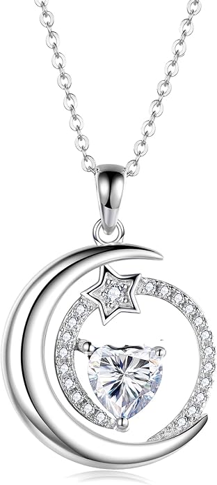S925 Sterling Silver Birthstone Pendant Necklace Moon Star Necklace Jewelry Gift for Women Anniversary Valentine's day