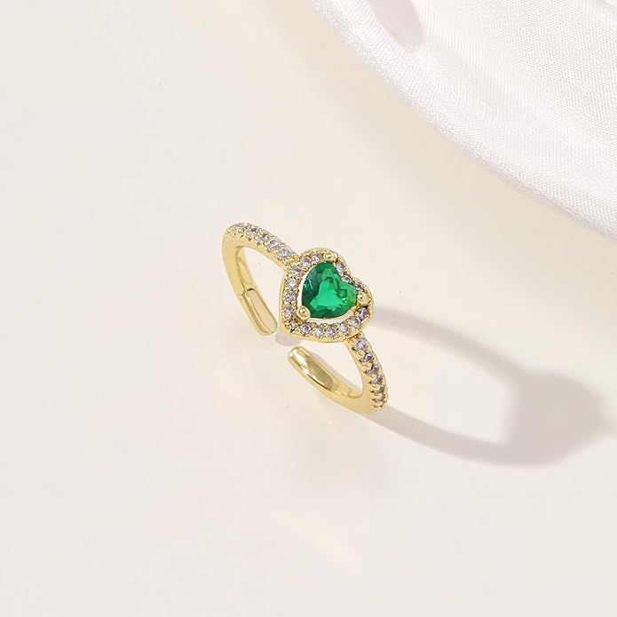 Gold Birthstone Rings for Women Non Tarnish 14k Gold Plated Dainty Heart Rings Adjustable Size Cubic Zirconia Ring Gold Simulated Gemstone Rings Birthday Gifts for Women