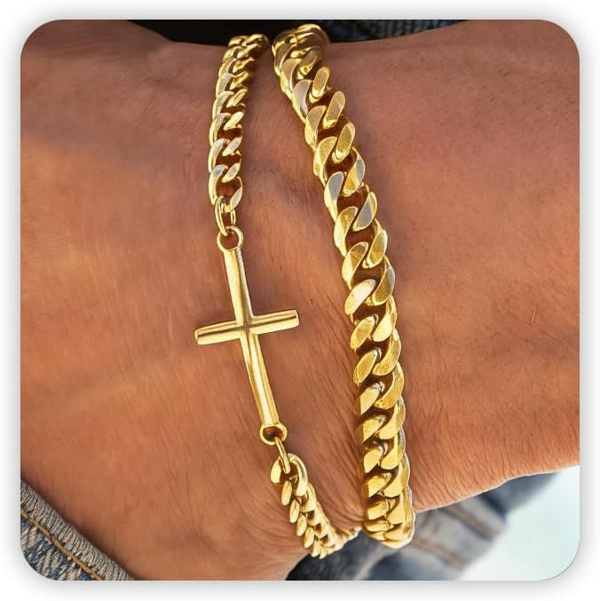 Cross Bracelet for Men, Silver/Gold/Black Mens Cross Bracelets Stack Stainless Steel Cuban Link Chain Bracelet Set Non Tarnish Adjustable Chunky Mens Jewelry Gifts for Men Dad Him Father's Day