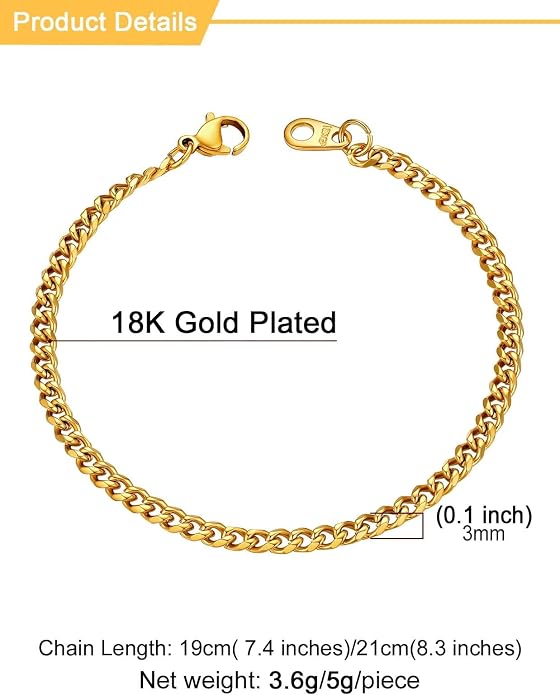 U7 Link Bracelets for Men, Cuban Link/Rope/Watch Band Solid Bracelet, Silver Black Gold Color Wrist Bracelet 3/6/9/12/15mm Width, 6.5/7.5/8.3 Inch Length, Hand Chain Jewelry for Mens Women