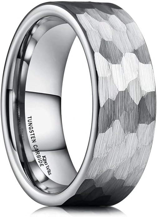 King Will Hammered 8mm Silver Tungsten Ring Hammer Men Wedding Band Comfort Fit