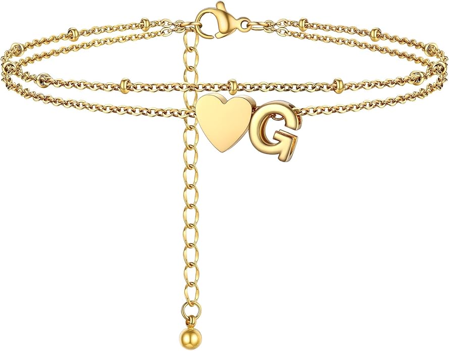 Initial Ankle Bracelets for Women, Dainty Stainless Steel Letter A-Z Layered Anklets, Heart Ankle Bracelet 8.5"-10.5" Adjustable, Summer Beach Jewelry, Come with Box