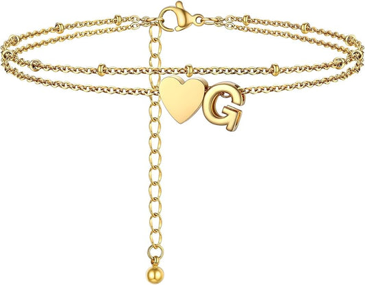 Initial Ankle Bracelets for Women, Dainty Stainless Steel Letter A-Z Layered Anklets, Heart Ankle Bracelet 8.5"-10.5" Adjustable, Summer Beach Jewelry, Come with Box