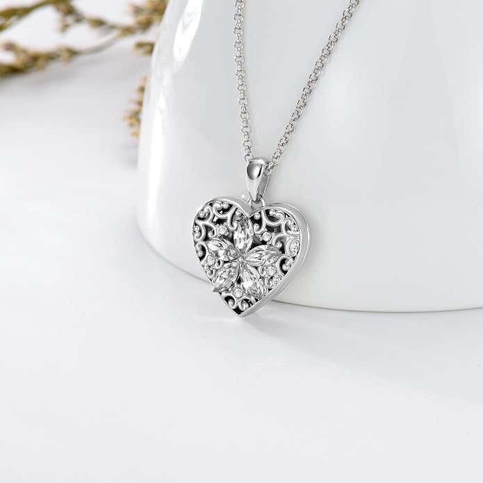 Dorunmo Personalized Locket Necklace 925 Sterling Silver that Holds Pictures Butterfly Birthstone Photo Heart Locket Custom Jewelry Congratulations New Beginnings New Job Gifts for Women