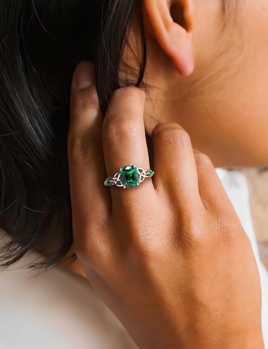 925 Sterling Silver Birthstone Rings for Women Cushion Cut Engagement Celtic Knot Ring Irish Jewelry Created Gemstone Anniversary Rings Size 6-10(with Box)