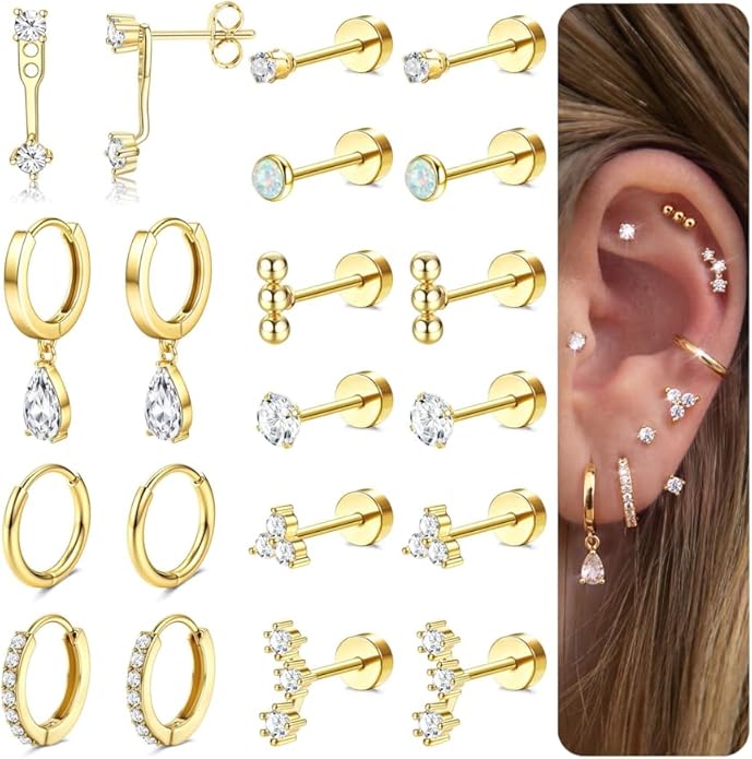MILACOLATO Hypoallergenic Flat Back Earrings 14K Gold Plated Cartilage Earring Sets for Multiple Piercing 20G Surgical Stainless Steel Earrings for Women Trendy Earring Stacks Small Hoop Flatback Stud Earrings