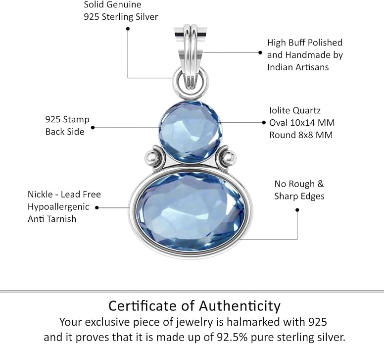 Handmade Genuine 925 Sterling Silver Pendant Necklace Natural Gemstone Crystal, Lapis, Onyx, Amber Oval Round Boho Jewelry For Women