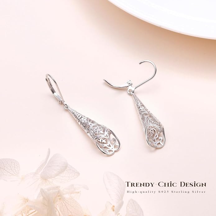 Sterling Silver Leverback Dangle Earrings for Women Teardrop Filigree 14K Gold Plated Dangly Earrings Mother’s Day Gift