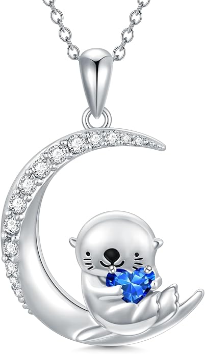 PROESS Animal Birthstone Necklace 925 Sterling Silver Otter/Axolotl/Hippo/Elephant/Dachshund/Monkey/Red Panda Pendant Necklace Animal Birthstone Jewelry Gifts for Women