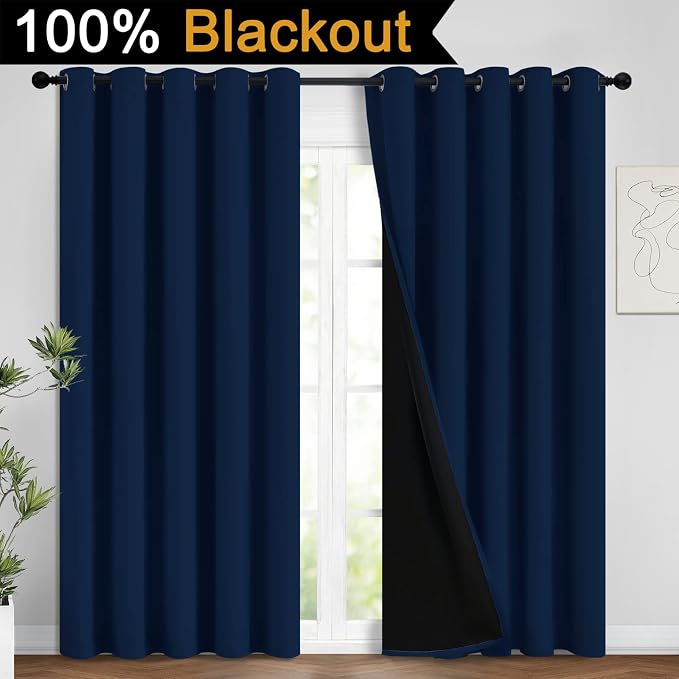 Yakamok Navy Blue 100% Blackout Curtains 96 Inches Long 62" Wide, 2 Panels | Blackout Curtain Panels for Bedroom, 2 Thick Layers Grommet Top Thermal Insulated Drapes with Black Liner for Living Room