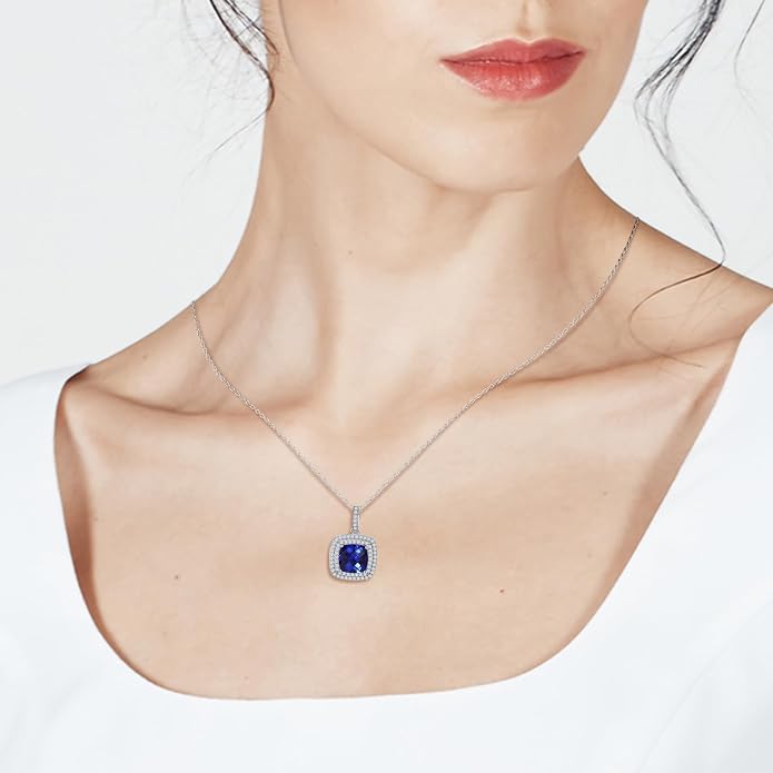 Birthstone Necklace for Women 925 Sterling Silver Cushion/Pear Cut Created Gemstone Halo Pendant Necklace Birthstone Jewelry