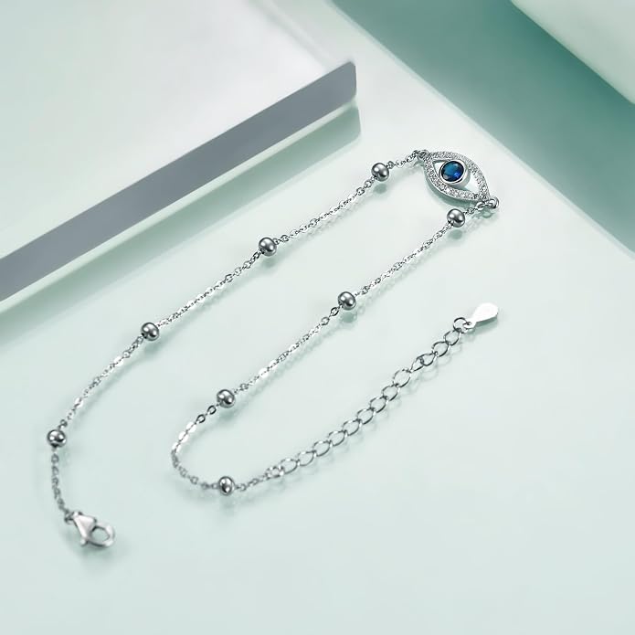 Rnivida 925 Sterling Silver Anklet for Women, Dainty Cross, Evil Eye, Anchor, Wave Beads Chain Ankle Bracelet